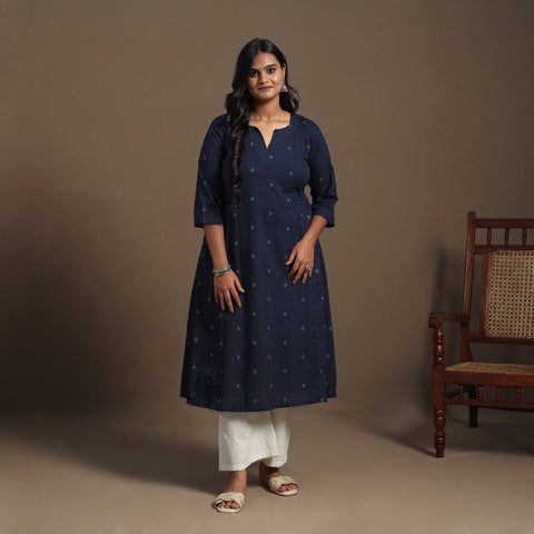 Blue A-Line Cotton Jacquard Kurta