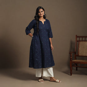 Blue A-Line Cotton Jacquard Kurta
