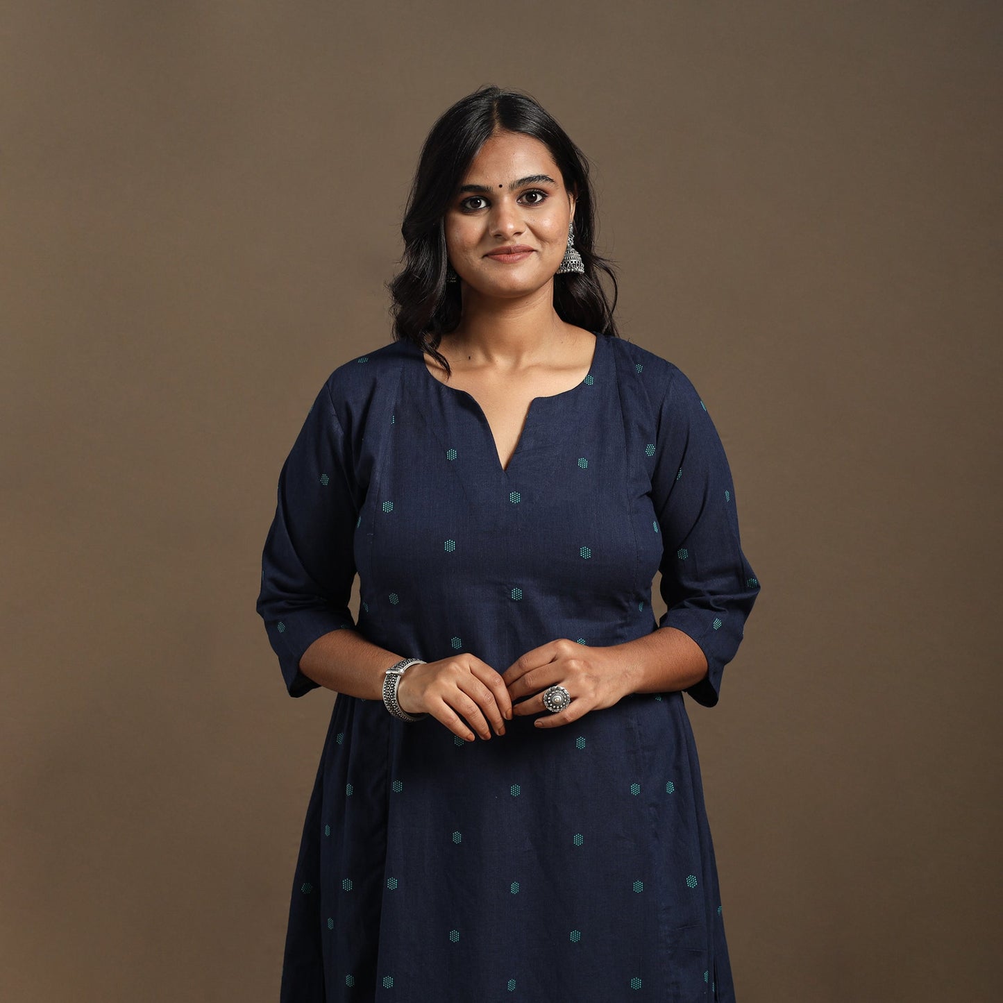 Blue A-Line Cotton Jacquard Kurta