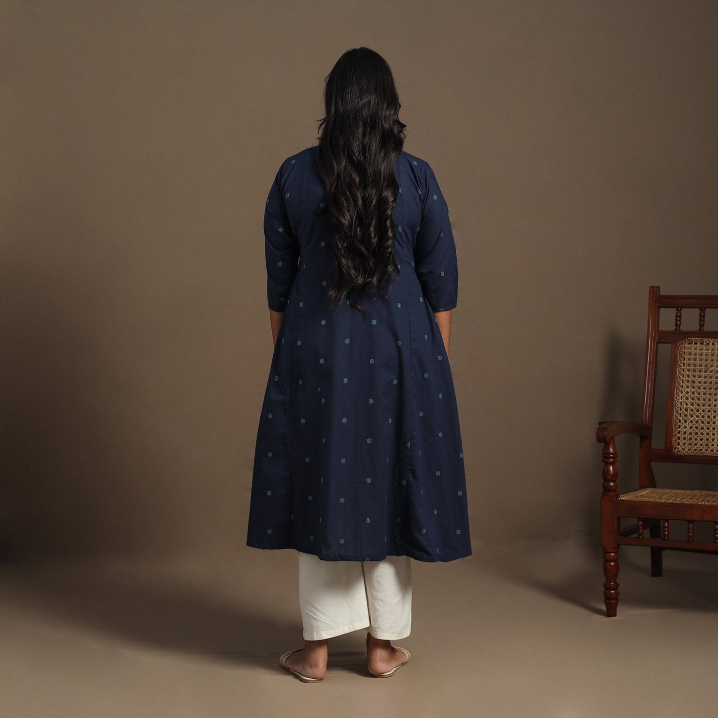 Blue A-Line Cotton Jacquard Kurta