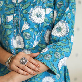  Blue A-Line Cotton Block Print Sanganeri Kurta