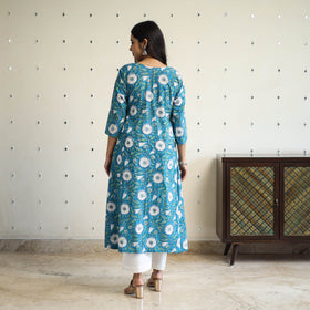  Blue A-Line Cotton Block Print Sanganeri Kurta