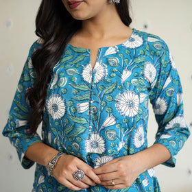  Blue A-Line Cotton Block Print Sanganeri Kurta