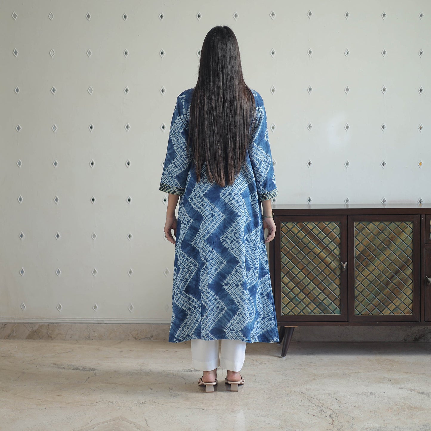  Blue A-Line Tie & Dye Cotton Shibori Kurta for Women