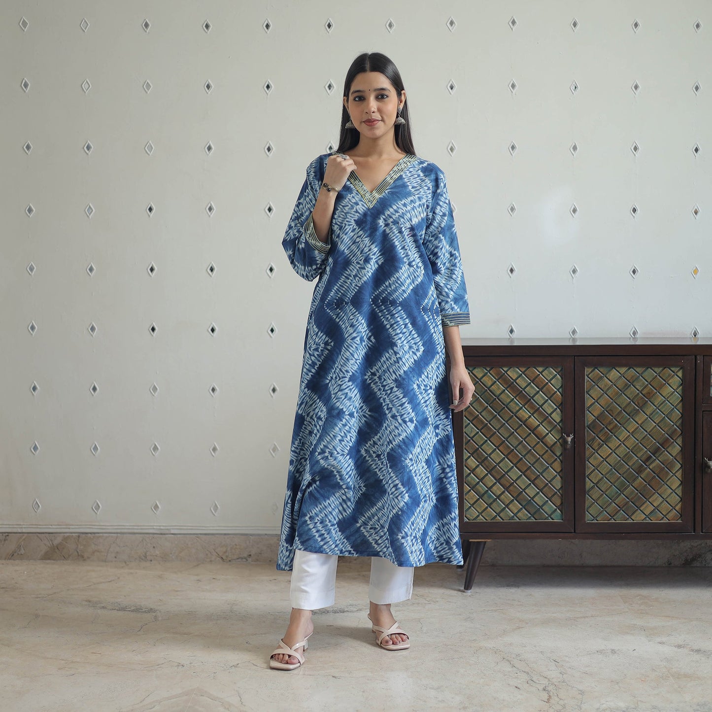  Blue A-Line Tie & Dye Cotton Shibori Kurta for Women