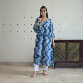  Blue A-Line Tie & Dye Cotton Shibori Kurta for Women