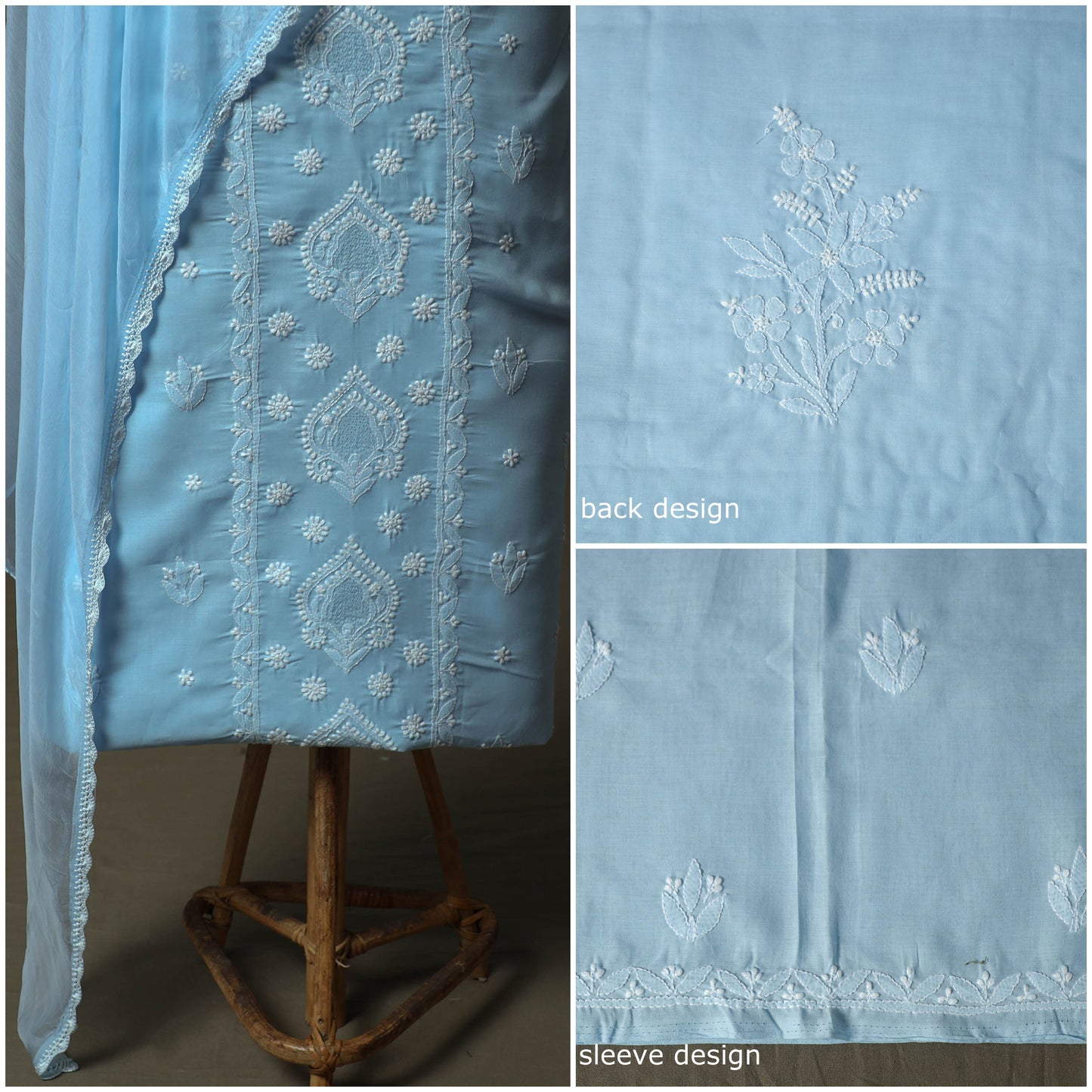 Blue - lucknowi hand embroidered cotton chikankari 3pc