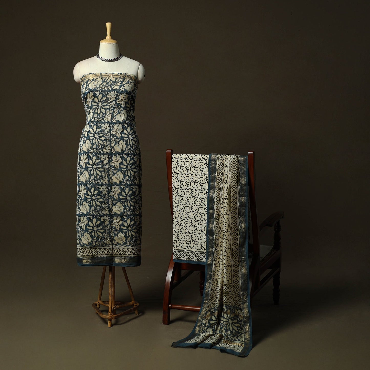 Maheshwari silk hand block bagru print 3pc unstitched dress