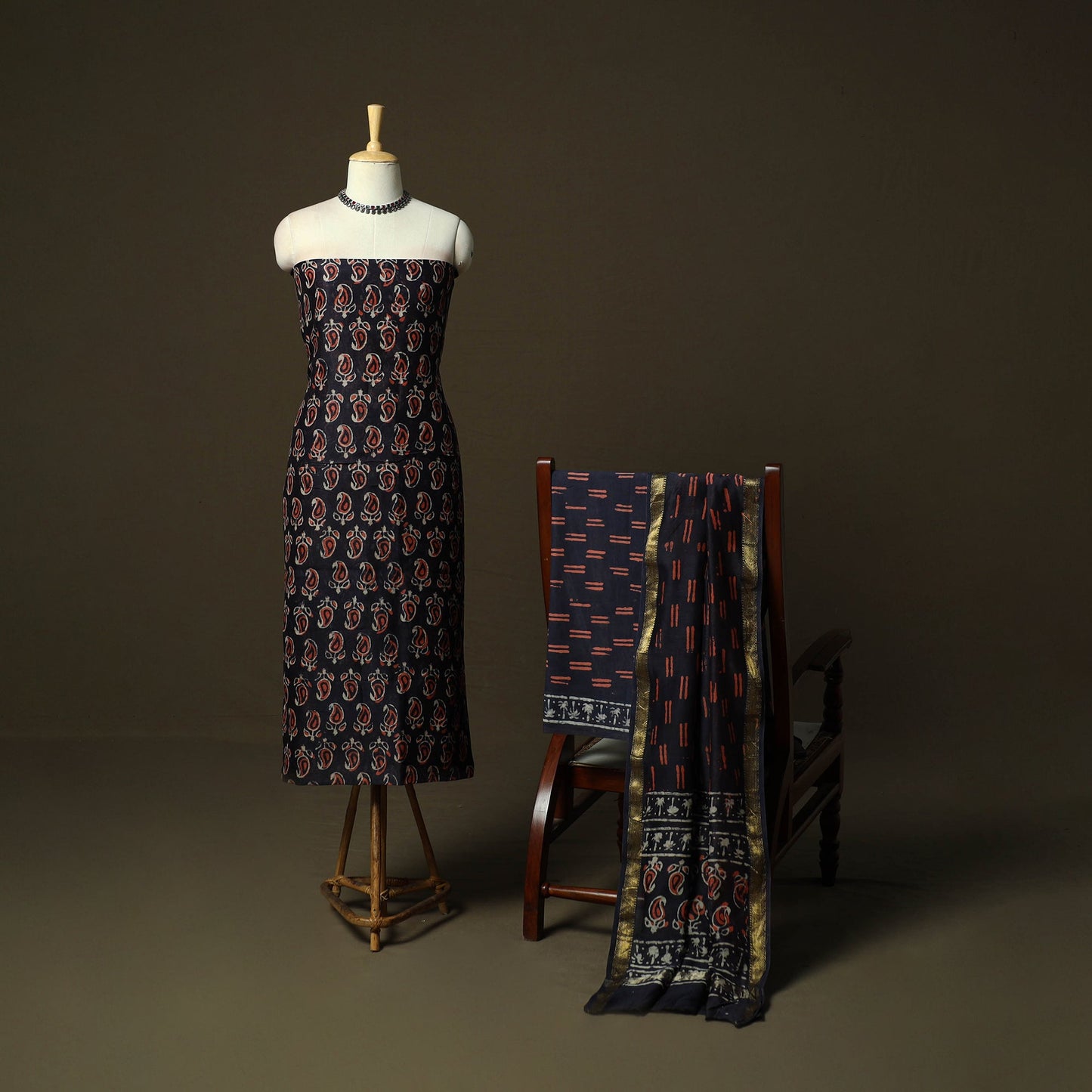 Maheshwari silk hand block bagru print 3pc unstitched dress