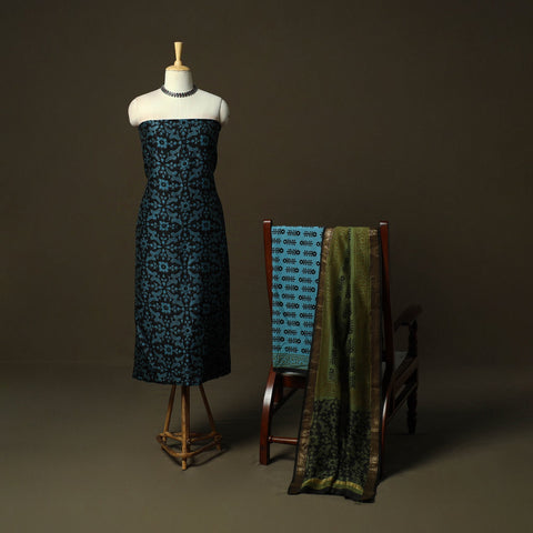 Maheshwari silk hand block bagru print 3pc unstitched dress