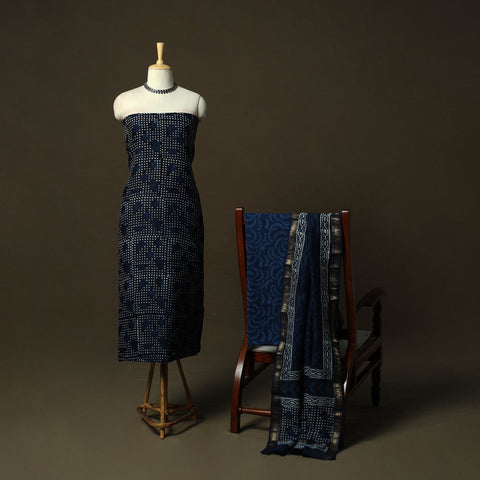 Maheshwari silk hand block indigo bagru print 3pc