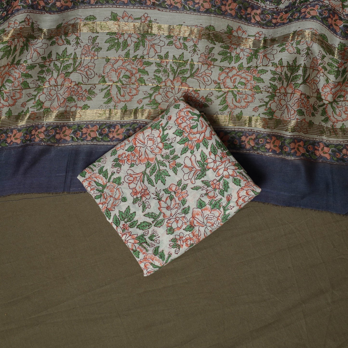 Maheshwari silk hand block sanganeri print 3pc unstitched