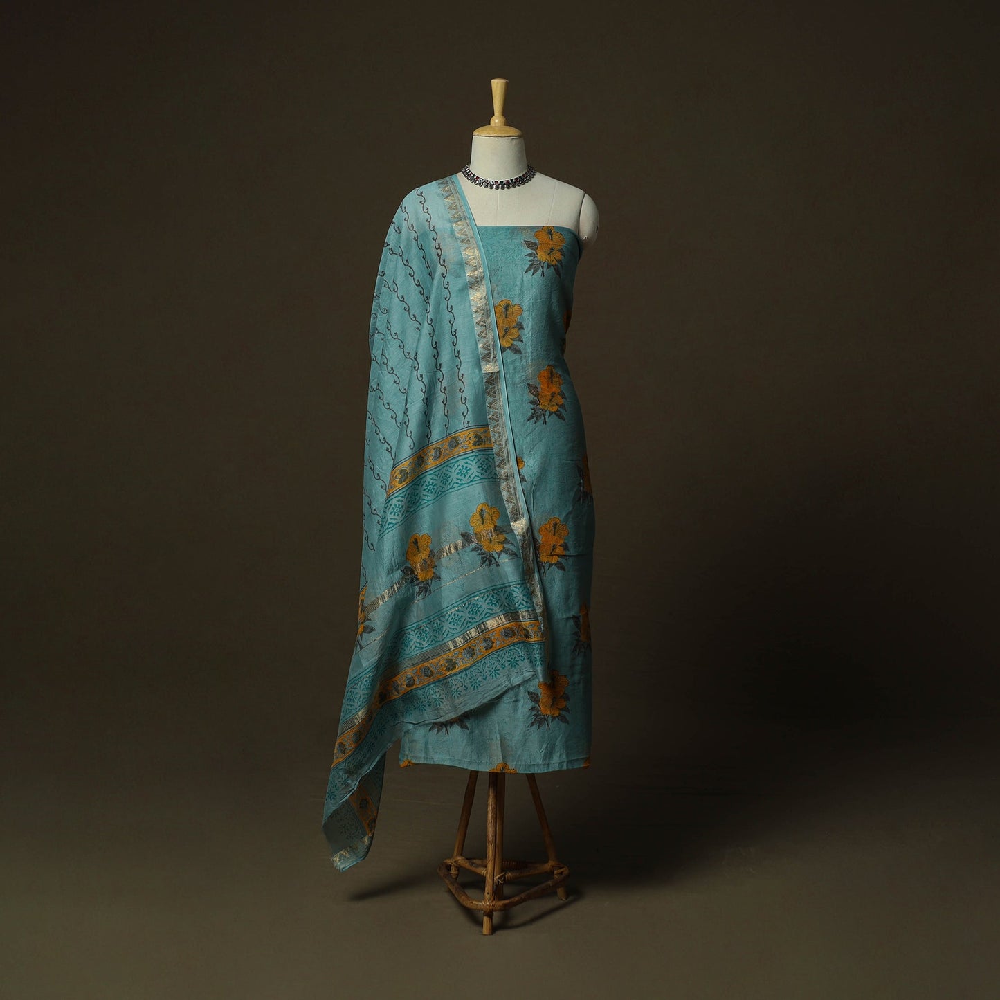 Maheshwari silk hand block sanganeri print 3pc unstitched