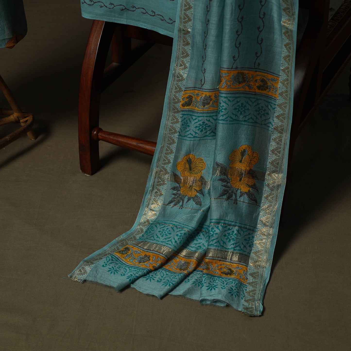 Maheshwari silk hand block sanganeri print 3pc unstitched