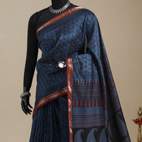 Blue - maheshwari silk natural dyed bagh saree with zari