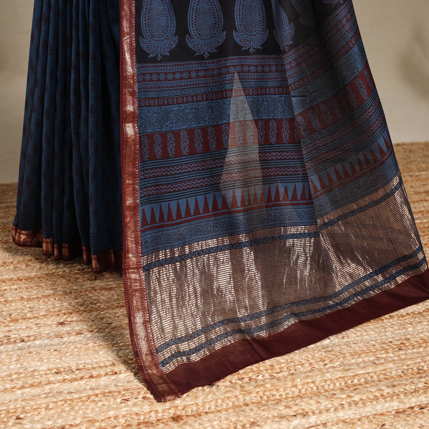 Blue - maheshwari silk natural dyed bagh saree with zari