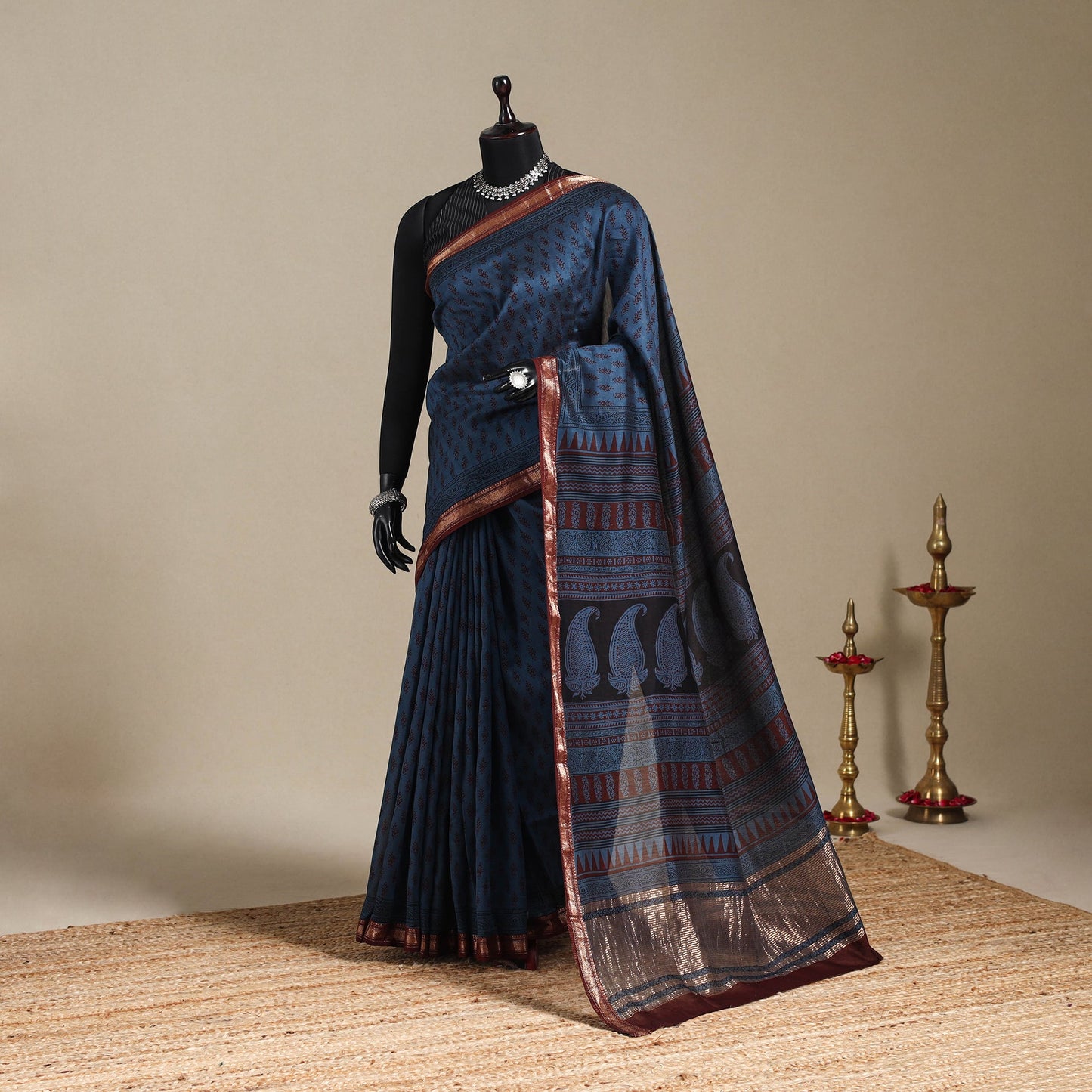 Blue - maheshwari silk natural dyed bagh saree with zari