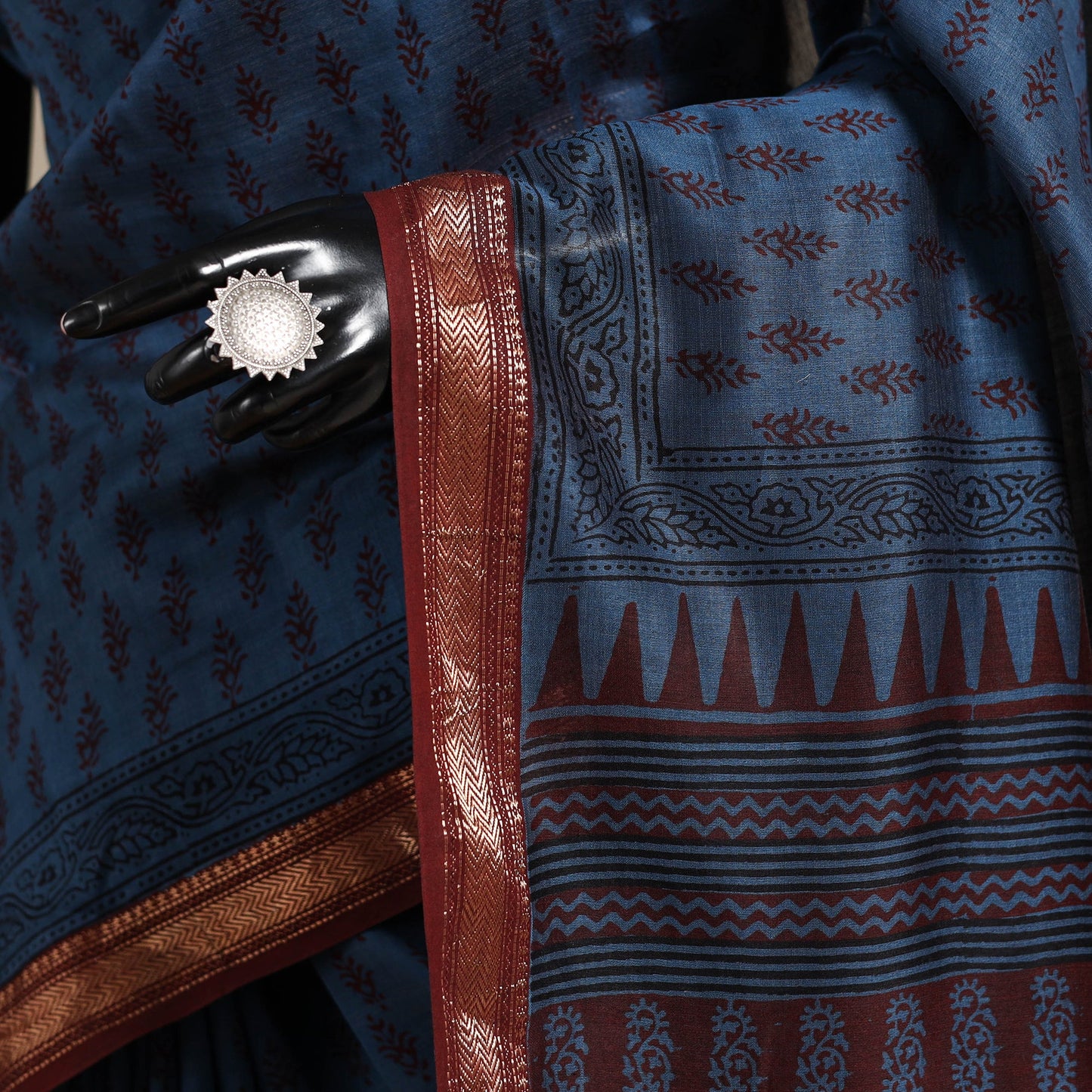 Blue - maheshwari silk natural dyed bagh saree with zari