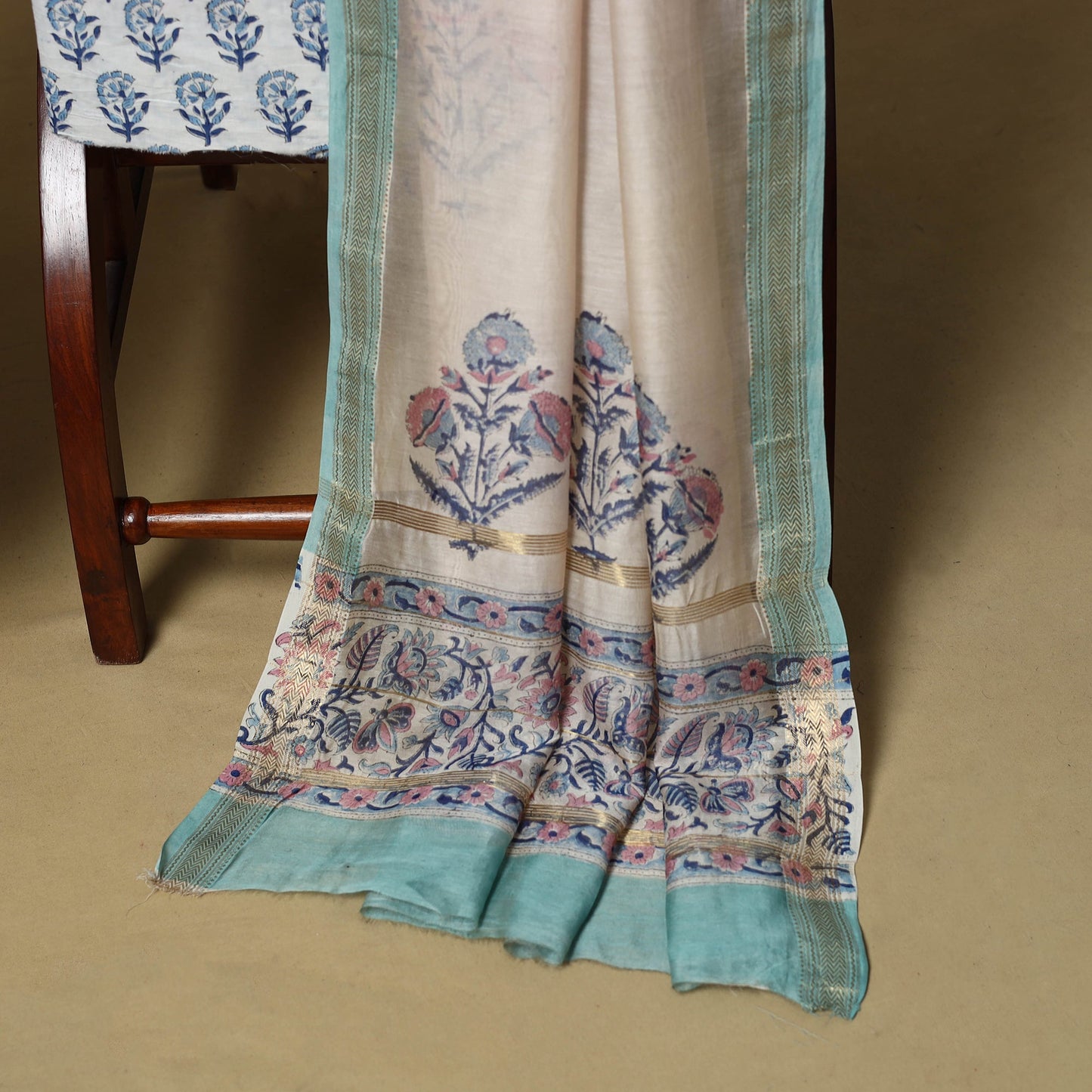 Blue - maheshwari silk sanganeri hand 3pc unstitched dress