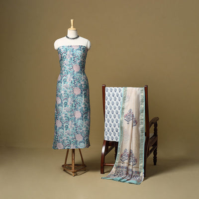 Blue - maheshwari silk sanganeri hand 3pc unstitched dress