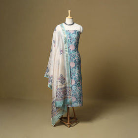 Blue - maheshwari silk sanganeri hand 3pc unstitched dress