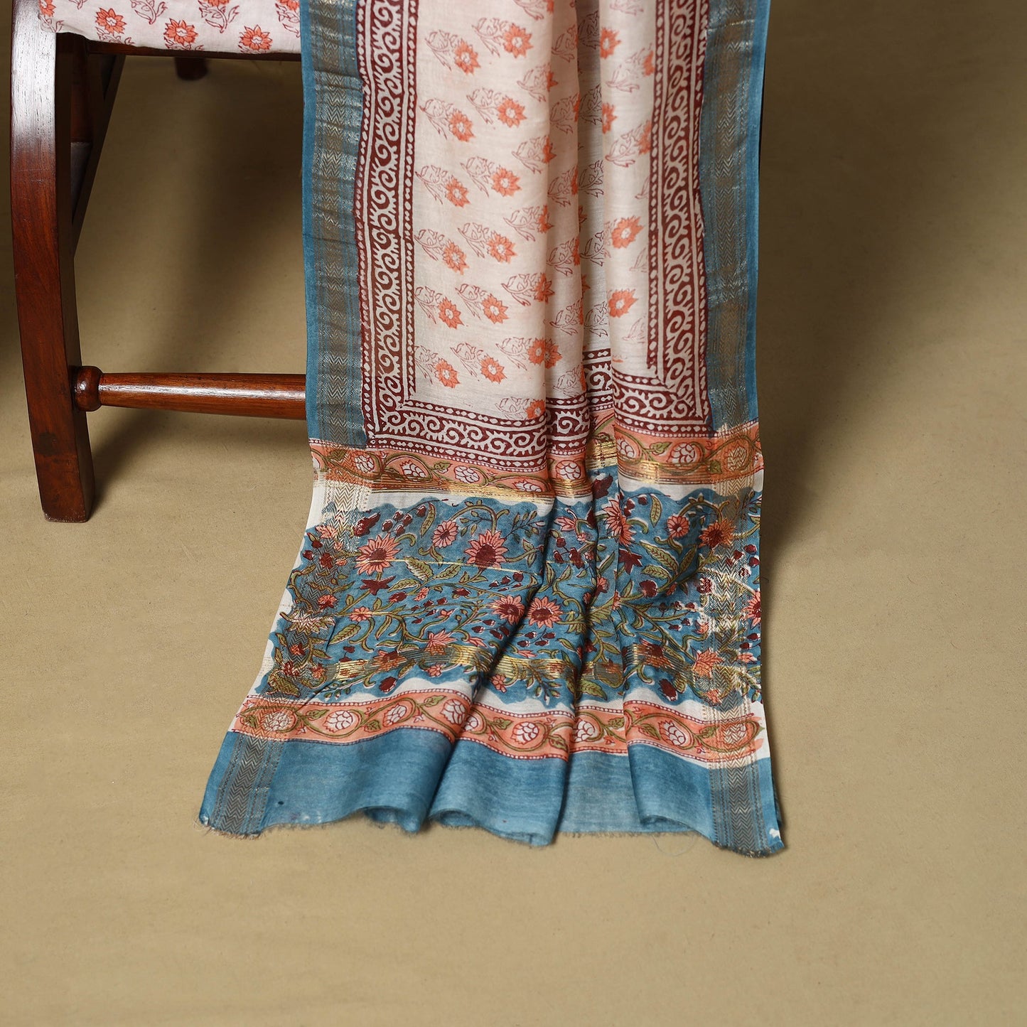 Blue - maheshwari silk sanganeri hand 3pc unstitched dress