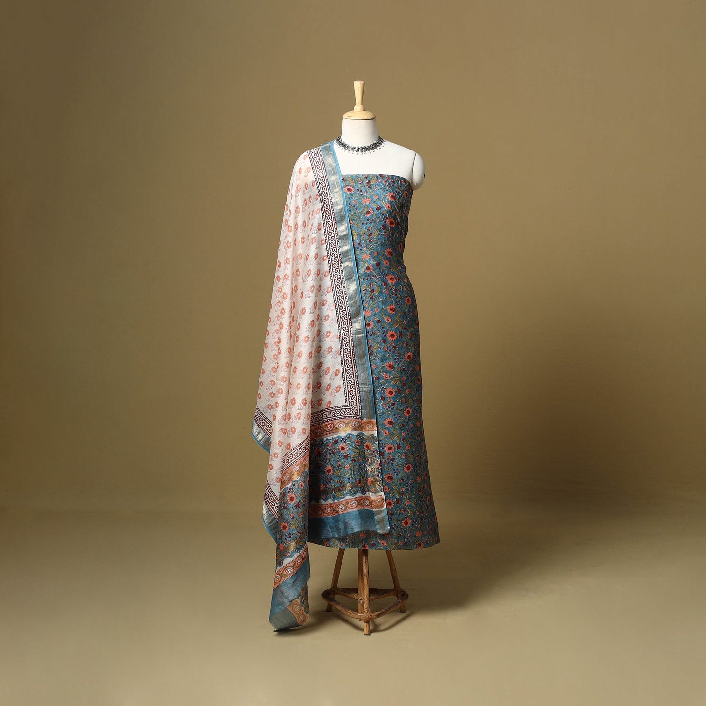 Blue - maheshwari silk sanganeri hand 3pc unstitched dress
