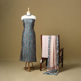 Blue - maheshwari silk sanganeri hand 3pc unstitched dress