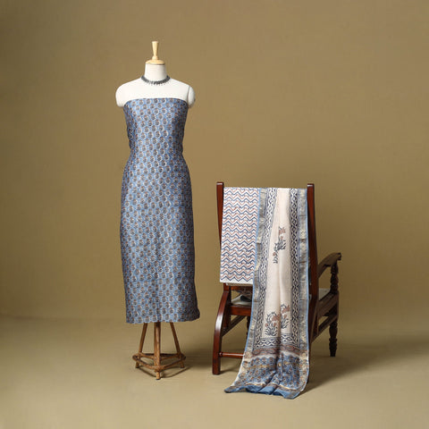 Blue - maheshwari silk sanganeri hand 3pc unstitched dress