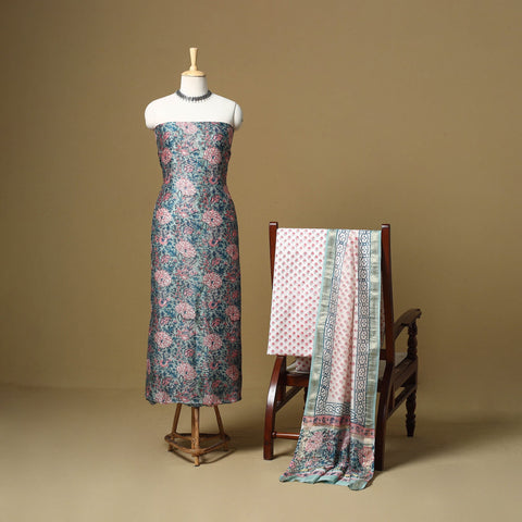 Blue - maheshwari silk sanganeri hand 3pc unstitched dress