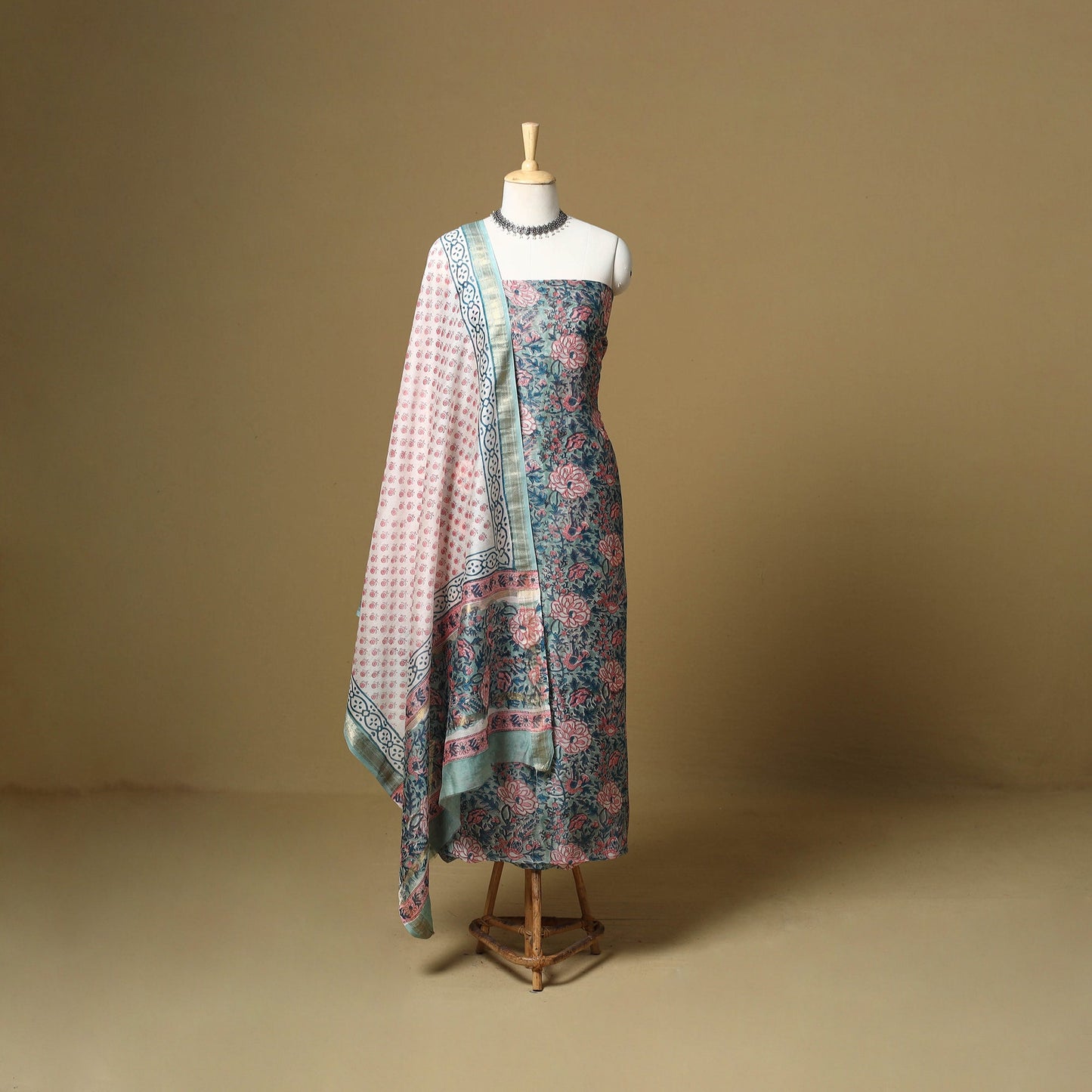 Blue - maheshwari silk sanganeri hand 3pc unstitched dress