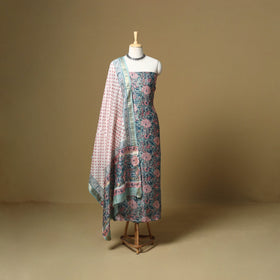 Blue - maheshwari silk sanganeri hand 3pc unstitched dress