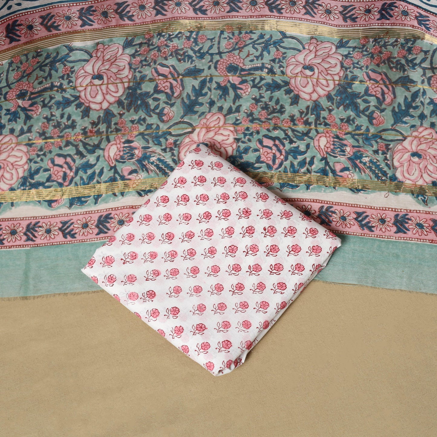 Blue - maheshwari silk sanganeri hand 3pc unstitched dress