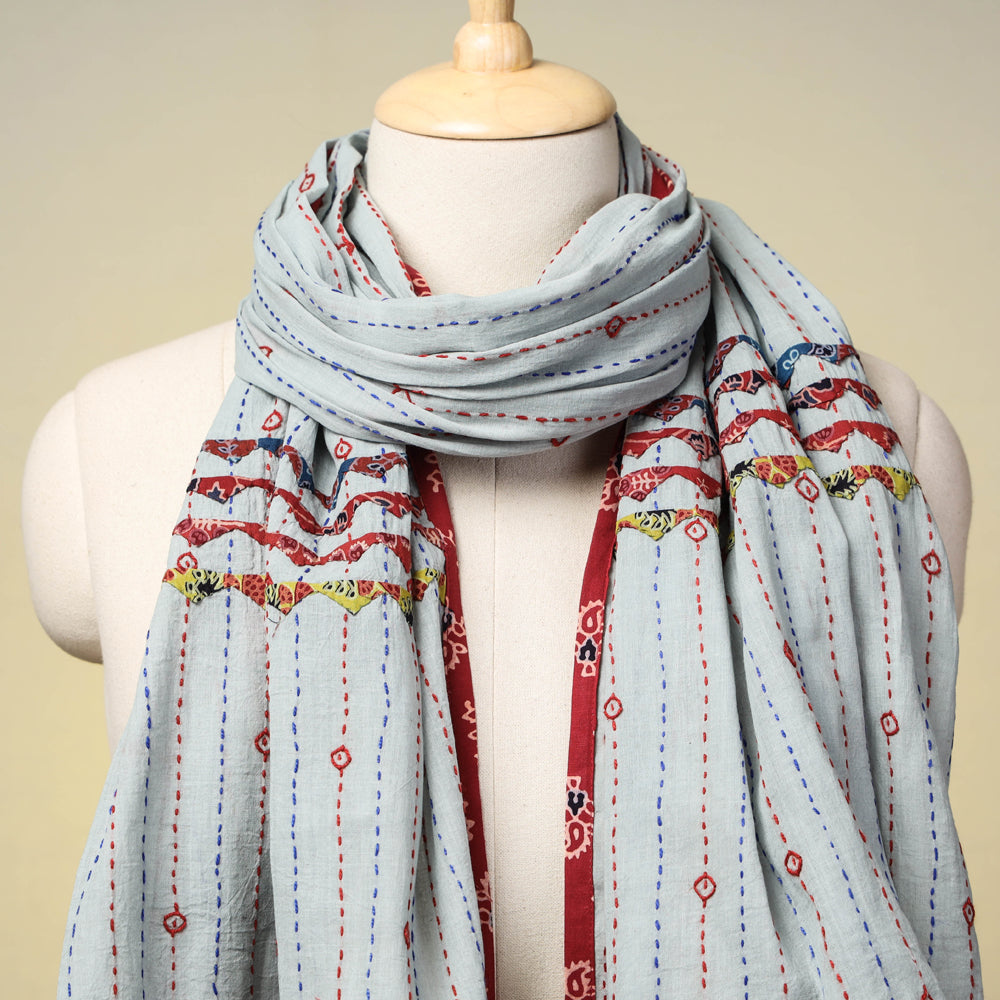 Buy Marudhara Tagai Work Ajrakh Border Cotton Stole with Tassels l iTokri.com