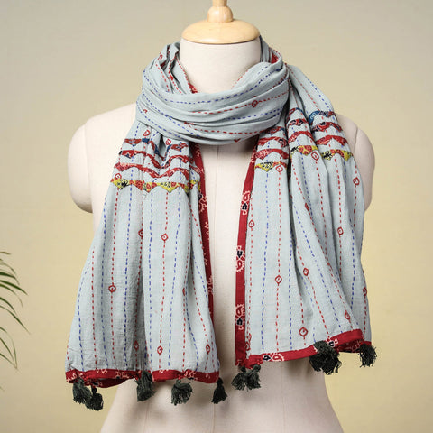 Buy Marudhara Tagai Work Ajrakh Border Cotton Stole with Tassels l iTokri.com