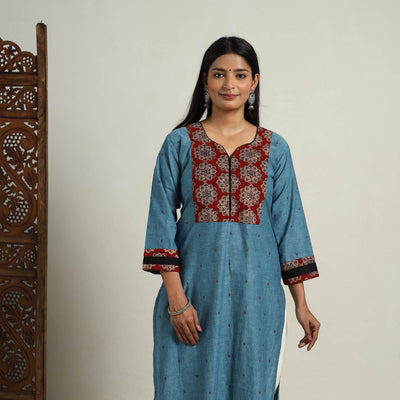 Mehfil Mosaic Cotton Blue Straight Jacquard Kurta for Women