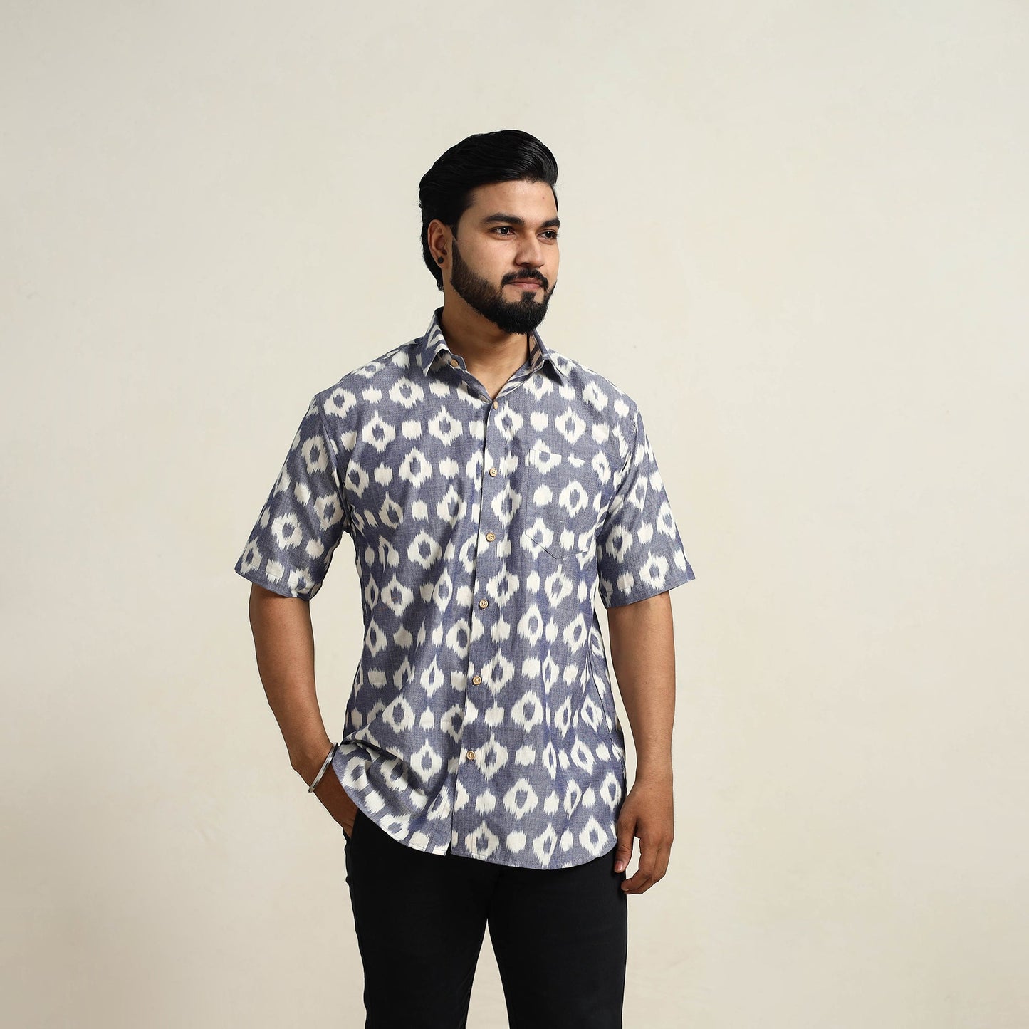 Blue Men Cotton Central Asian Pochampally Ikat Shirt