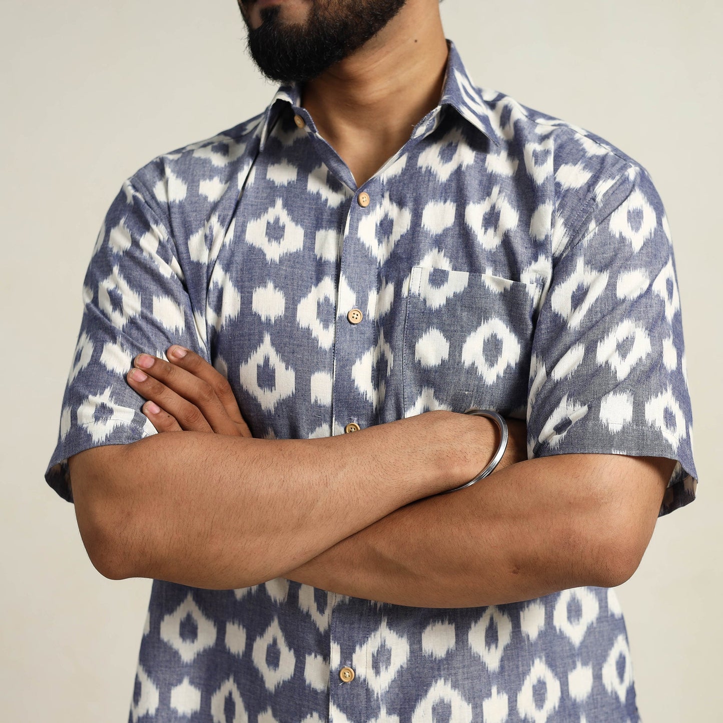  Blue Men Cotton Central Asian Pochampally Ikat Shirt