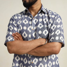  Blue Men Cotton Central Asian Pochampally Ikat Shirt