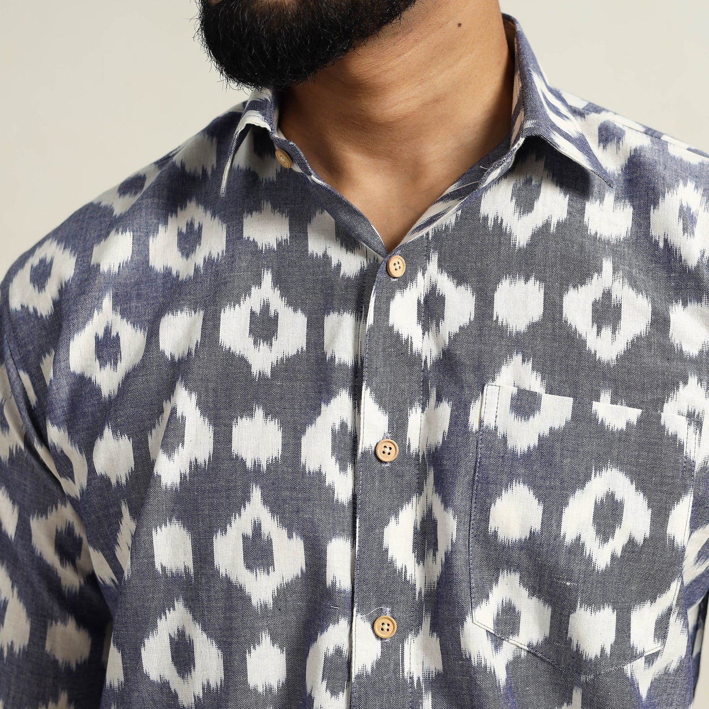  Blue Men Cotton Central Asian Pochampally Ikat Shirt