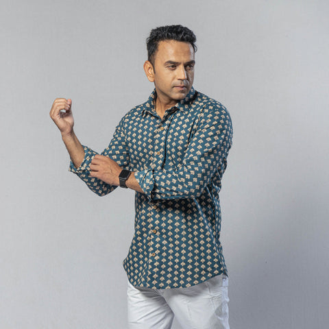 Blue Men Full Sleeve Cotton Sanganeri Block Printed Shirt
