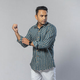Blue Men Full Sleeve Cotton Sanganeri Block Printed Shirt