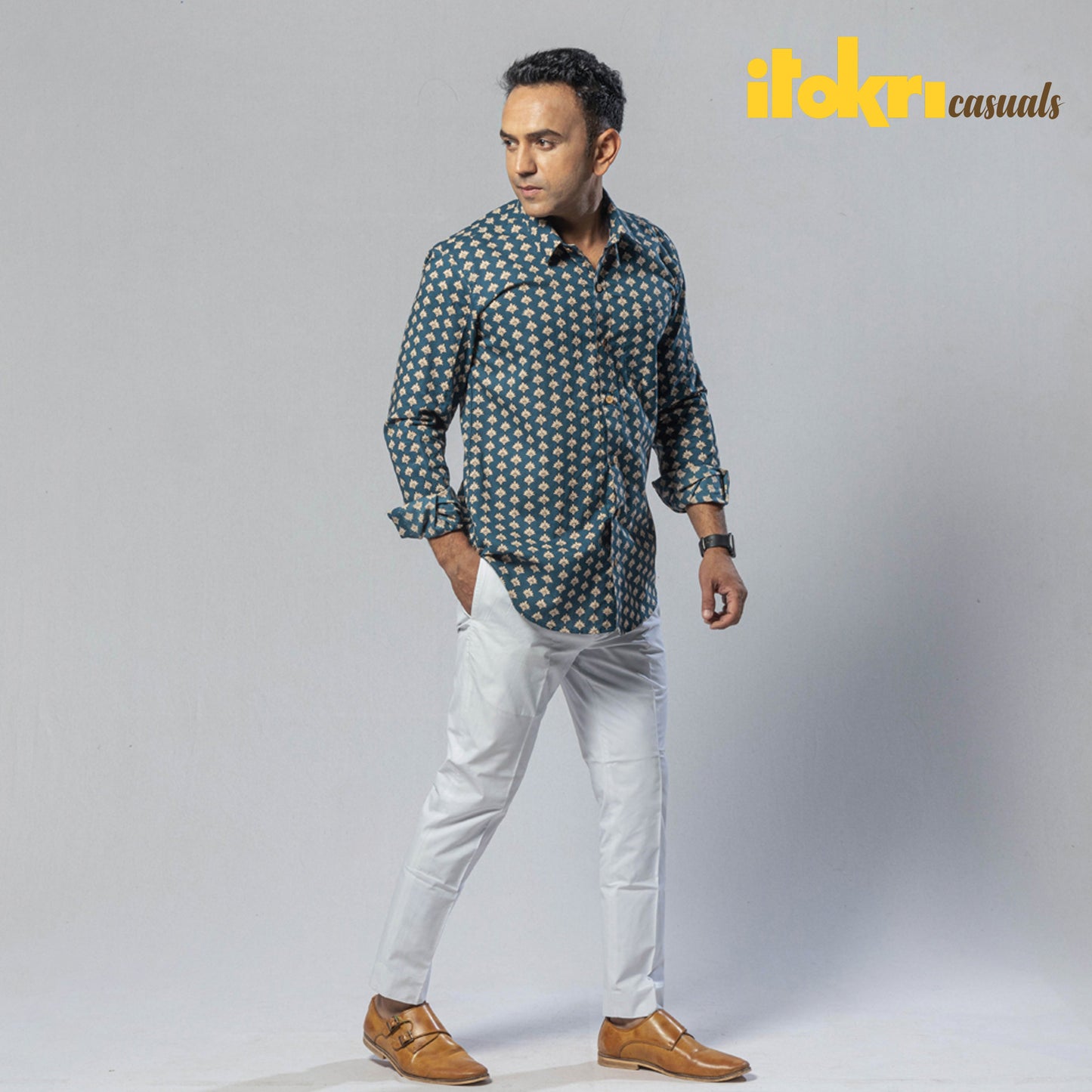 Blue Men Full Sleeve Cotton Sanganeri Block Printed Shirt