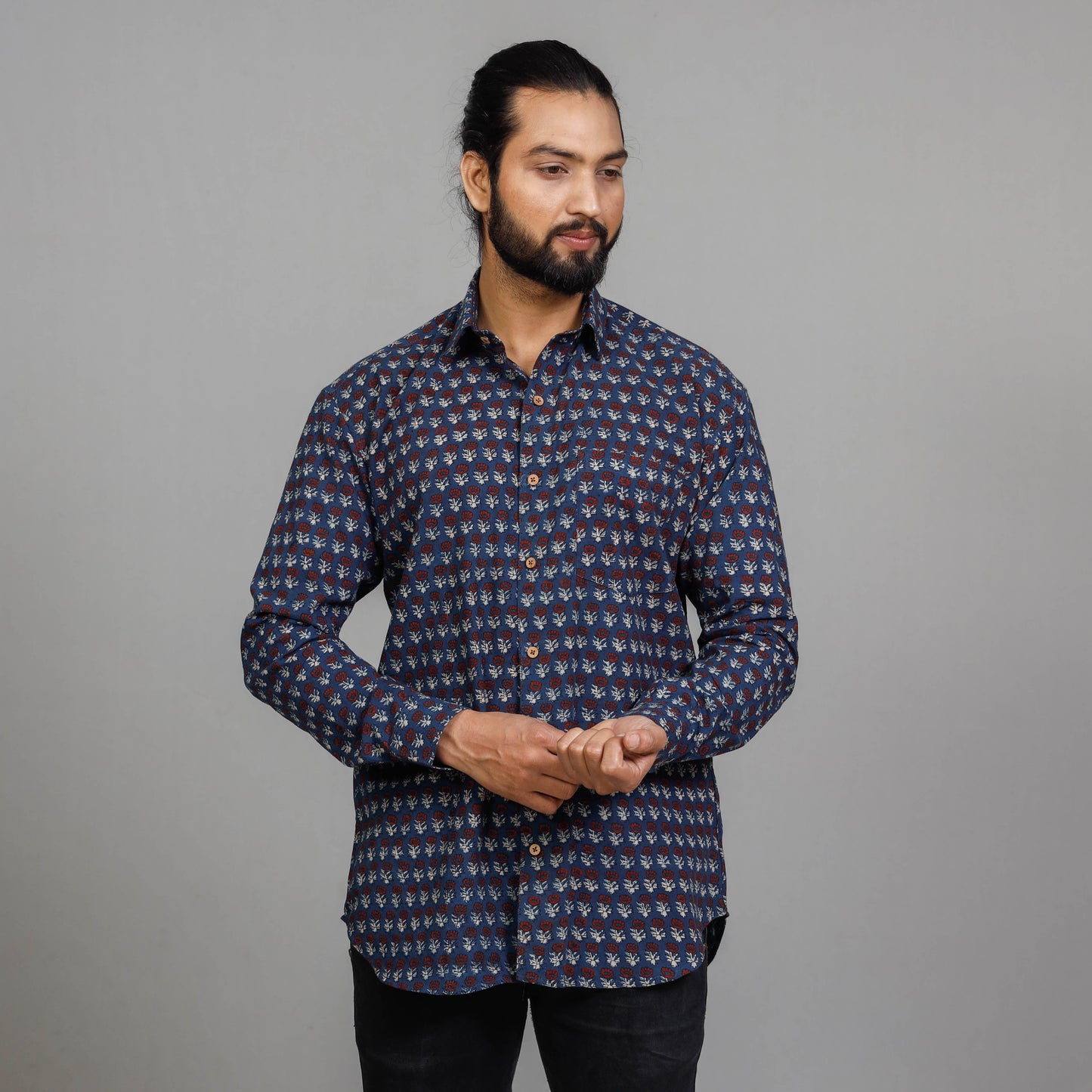  Ajrakh Block Printing Cotton Men Full Sleeve Shirt 