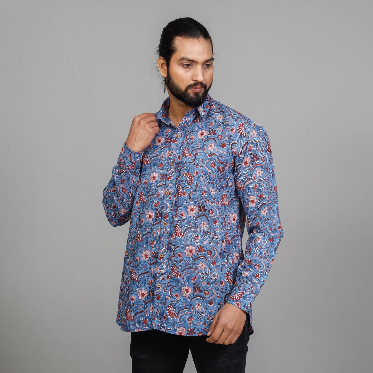  Sanganeri Block Printing Cotton Men Full Sleeve Shirt 