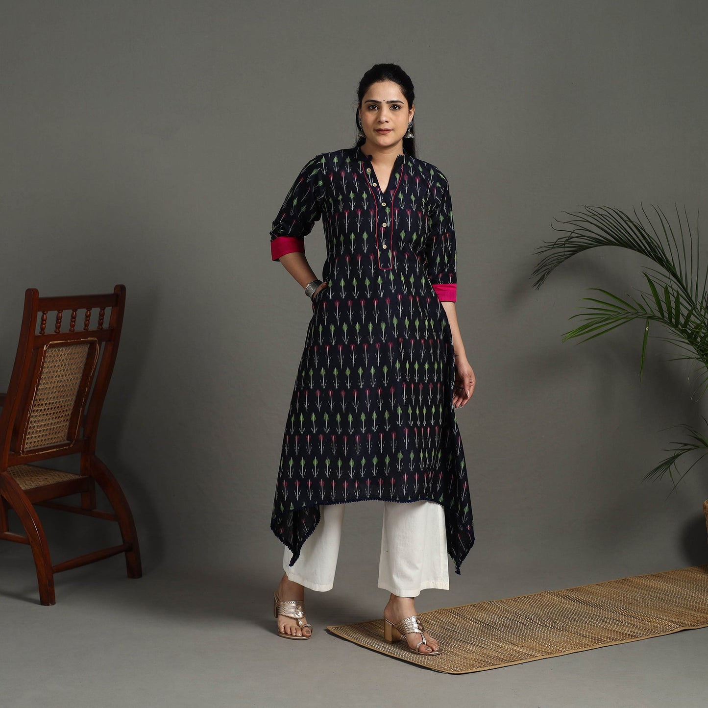 Buy Blue Mercerised Cotton A-Line Pochampally Ikat Kurta for Women