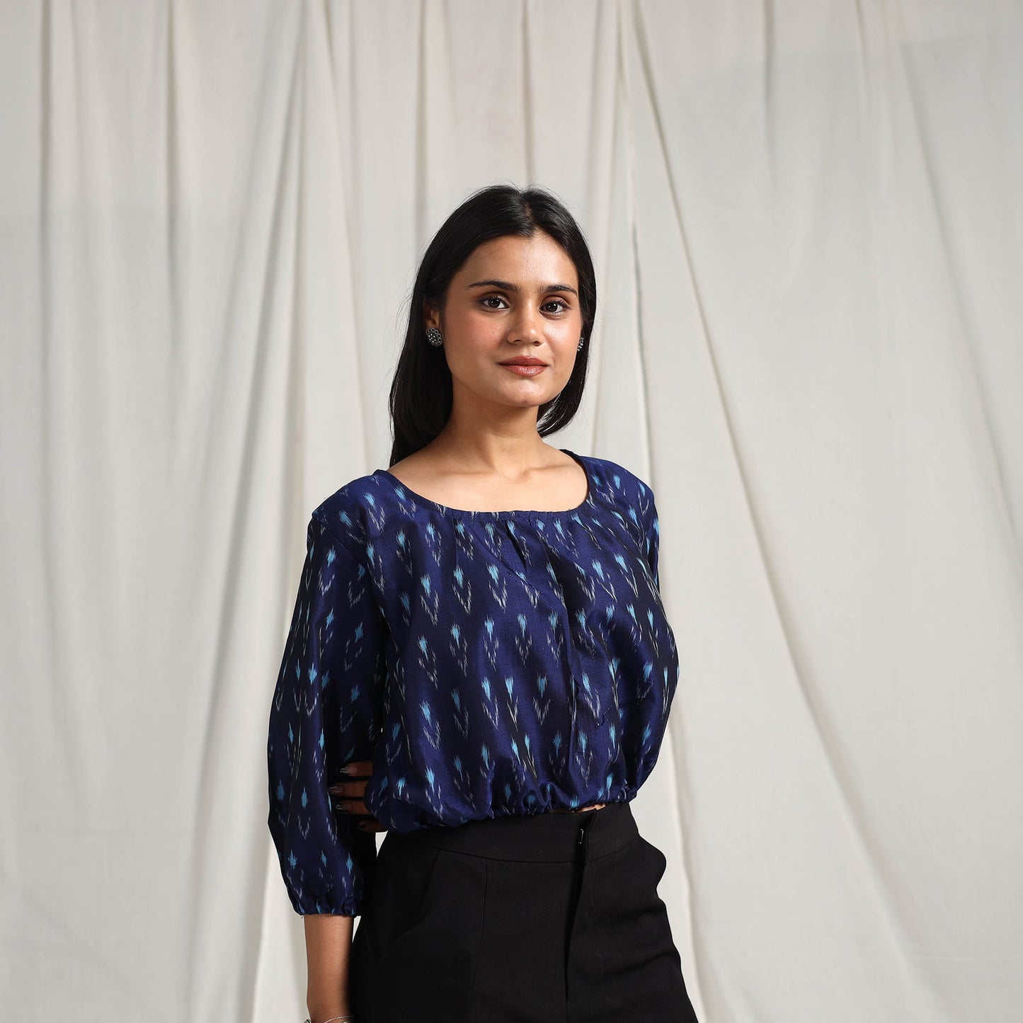 Buy Blue Mercerised Cotton Pochampally Ikat Crop Top