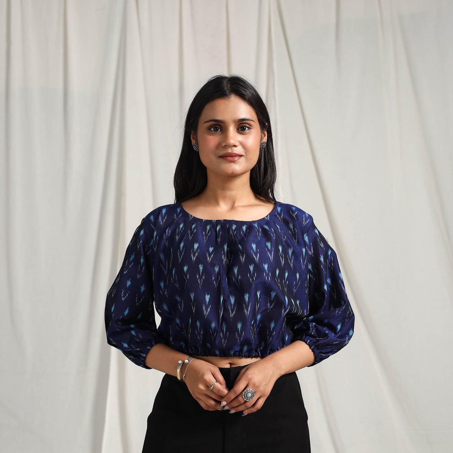 Buy Blue Mercerised Cotton Pochampally Ikat Crop Top