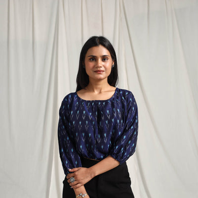 Buy Blue Mercerised Cotton Pochampally Ikat Crop Top