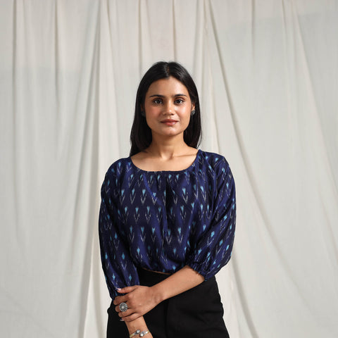 Buy Blue Mercerised Cotton Pochampally Ikat Crop Top